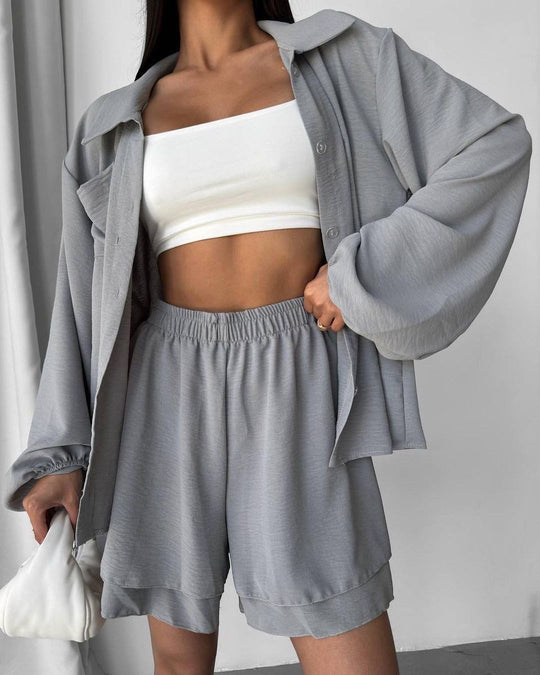 Damen Entspanntes Shorts-Set mit Oversized Hemd EB
