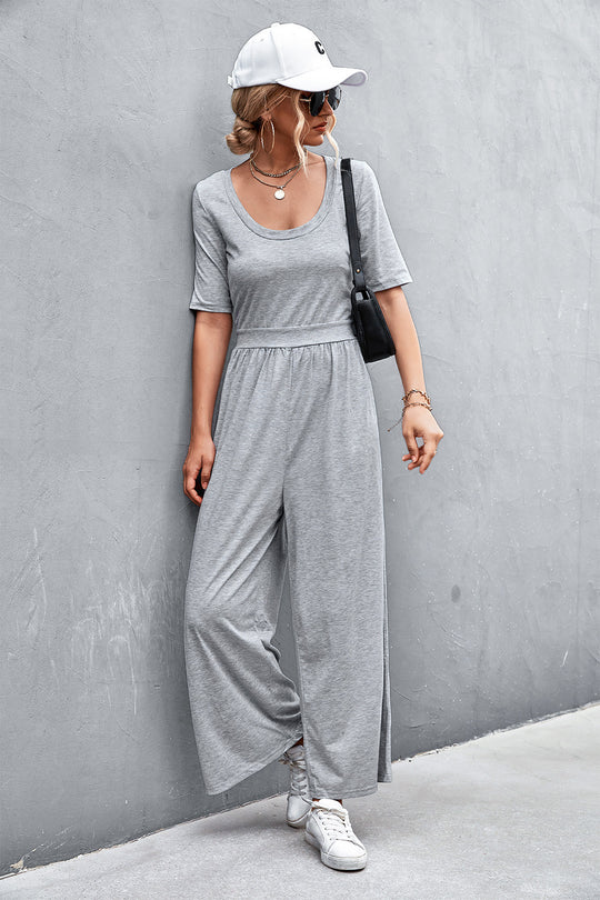 Damen Jumpsuit mit weitem Bein und elegantem Rundhalsausschnitt EB
