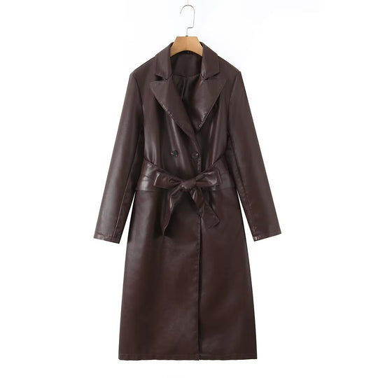Damen Kunstleder Trenchcoat mit Taillengürtel und eleganter Taschennaht EB