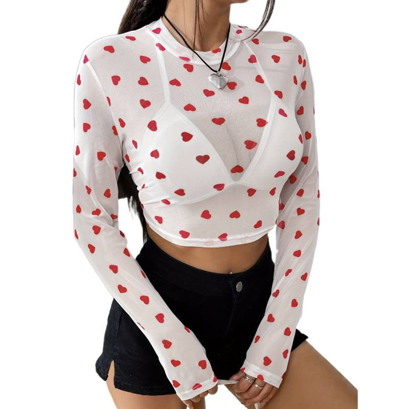 Damen Langärmliges Crop-Top mit Herzmuster und transparenter Anmutung EB