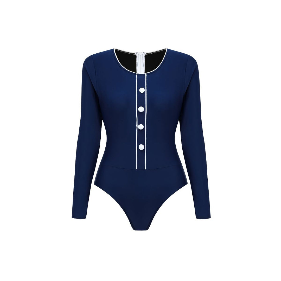 Damen Sportlicher Schwimmanzug mit Langarm und Knopfdetails EB