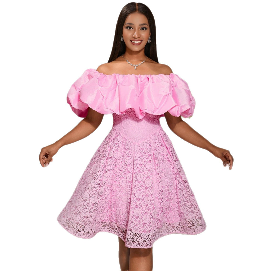 Damen A-Linien Kleid mit floralen Spitzenapplikationen und voluminösen Puffärmeln EB