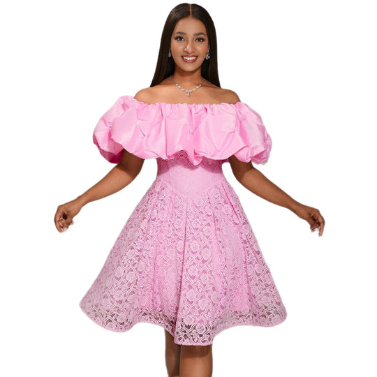 Damen A-Linien Kleid mit floralen Spitzenapplikationen und voluminösen Puffärmeln EB