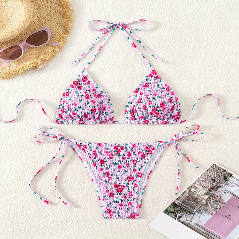 Damen Triangel-Bikini mit floralen Mustern und verstellbaren Bindebändern EB