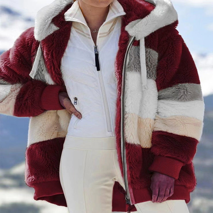Damen nan Oversize Teddyfell-Kapuzenjacke mit Farbblock-Streifen, hochwertigem Reißverschluss und gerippten Bündchen EB