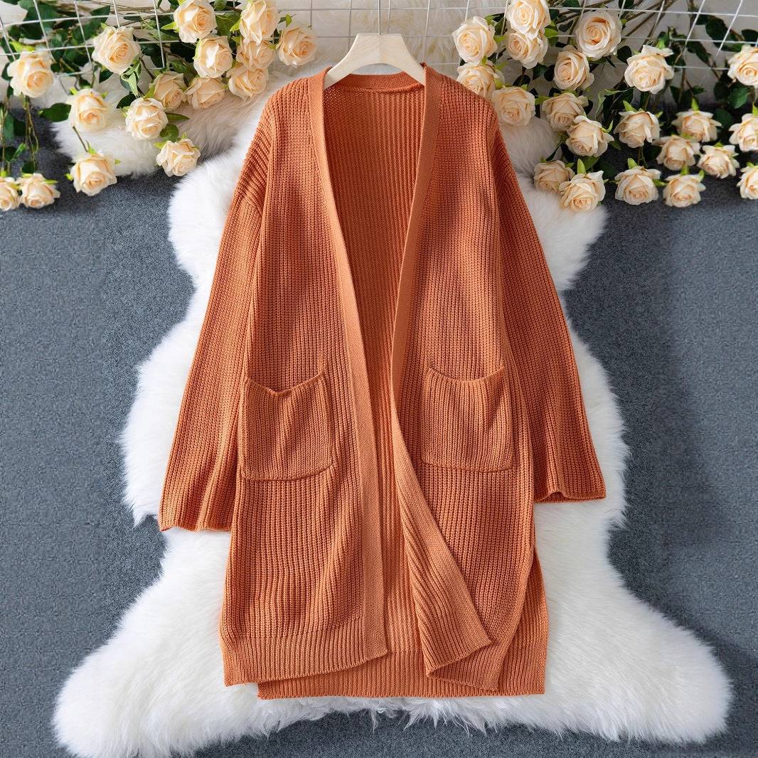 Damen luftige Strickjacke mit praktischen Taschen und lockerer Passform EB