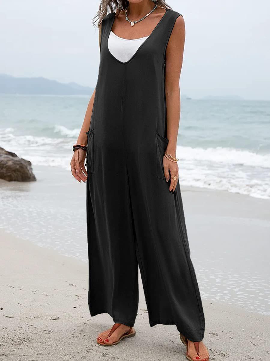 Damen Lässiger Jumpsuit mit tiefem V-Ausschnitt und praktischen Taschen EB