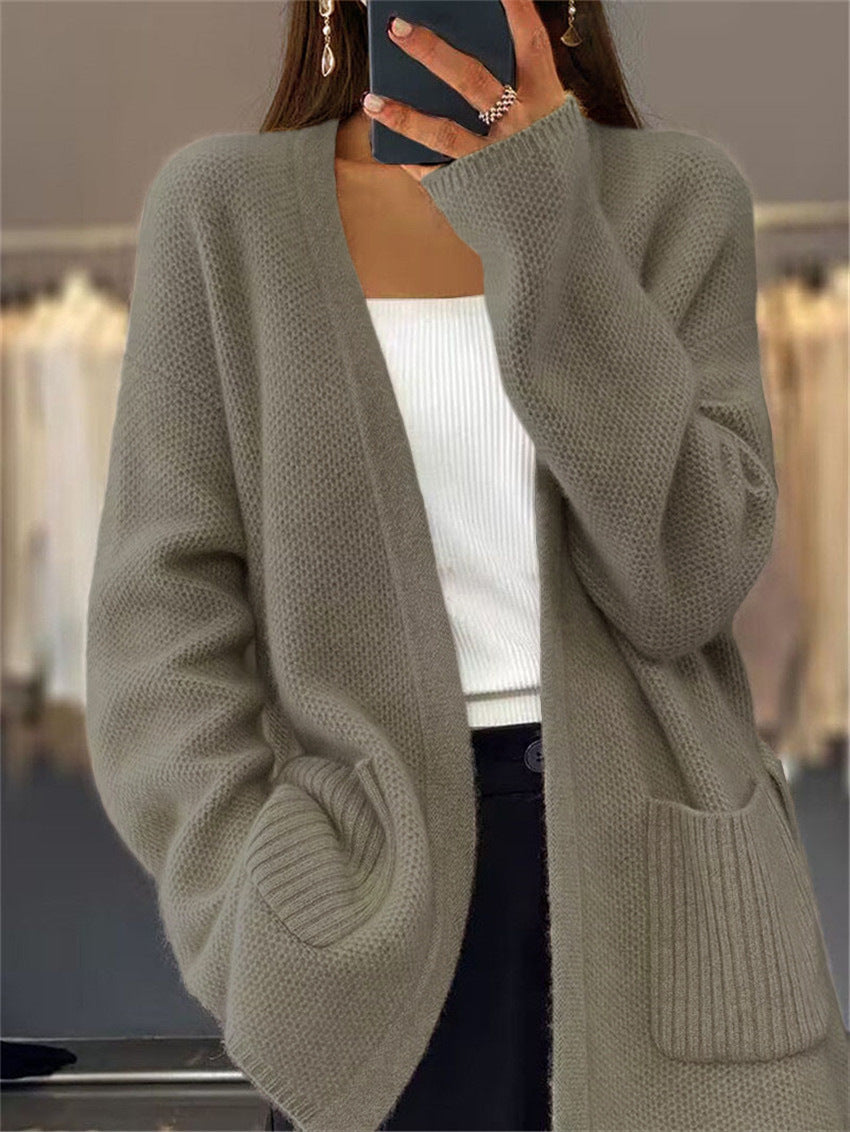 Damen nan lange Strickjacke mit Bindegürtel, aufgesetzten Rippentaschen und lockerem Waffelstrick EB