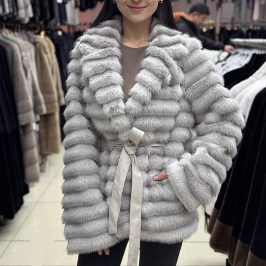 Damen Flauschiger Boucle-Cardigan mit Bindegürtel und weitem Schnitt EB