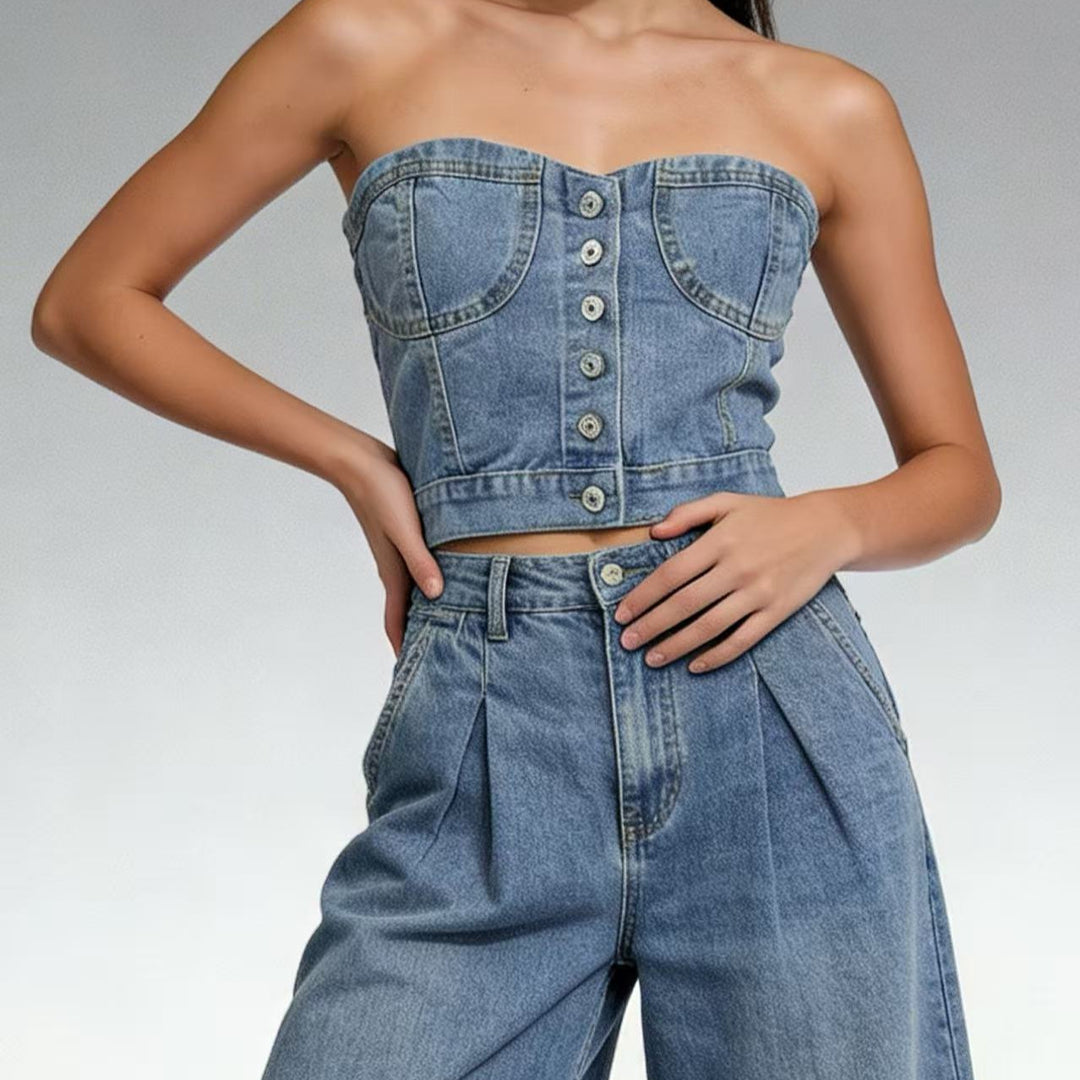 Damen Denim Bustier-Oberteil mit Knopfdetails und tailliertem Schnitt EB