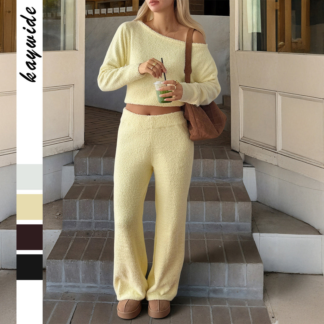 Damen nan kuscheliges Bouclé-Lounge-Set mit One-Shoulder-Crop-Pullover und Highwaist Palazzo-Hose EB