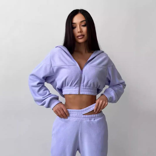 Damen Cropped Fleece-Set mit kurzem Zip-Hoodie und hoher Taillen-Jogginghose EB