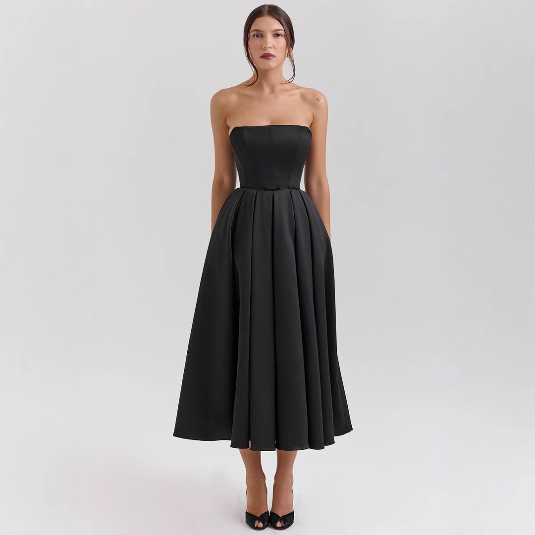 Damen Taillesenkende Midi-Kleid mit schulterfreiem Design und eleganter Faltenstruktur EB