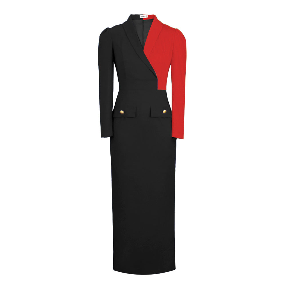 Damen Wickelkleid mit trendigem Farbblockdesign und schickem Knopfdetail EB