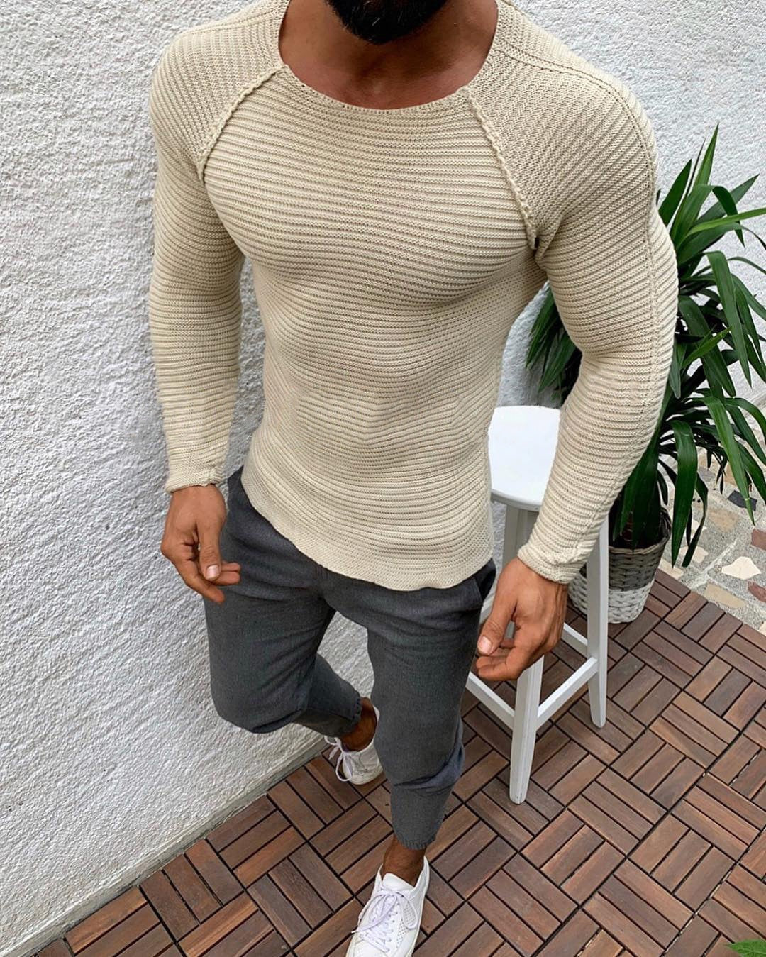 Herren nan figurbetonter Strickpullover mit Raglanärmeln und elastischer Struktur EB