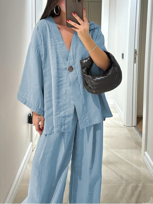 Damen nan lockeres Leinenoptik-Zweiteiler mit Kimono-Blazer und weitem Palazzo-Hose EB