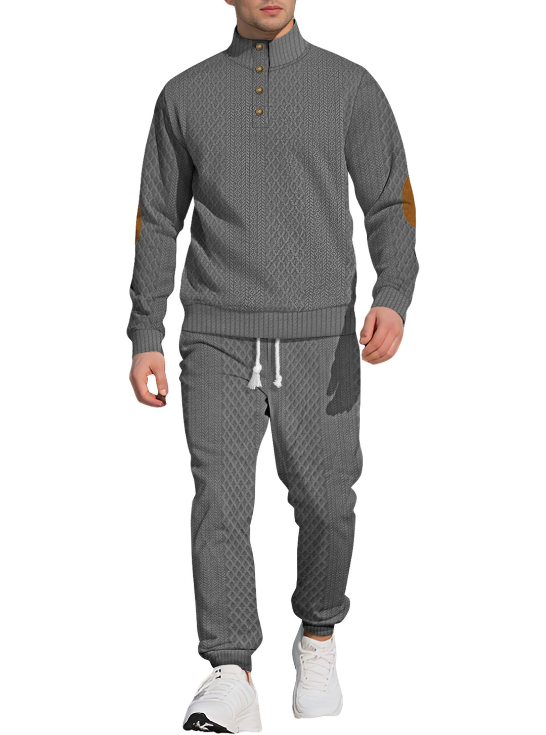 Herren nan strukturiertes Strick-Freizeitset mit Halbknopf-Stehkragen Wildleder-Ellbogenpatches und Kordelbund-Jogger EB