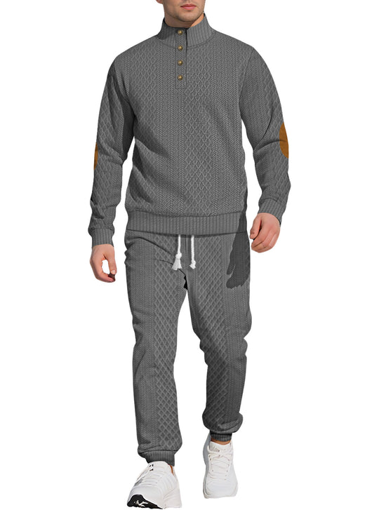 Herren nan strukturiertes Strick-Freizeitset mit Halbknopf-Stehkragen Wildleder-Ellbogenpatches und Kordelbund-Jogger EB