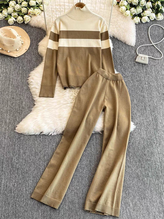 Damen modisches Strick-Loungewear-Set mit hohem Kragen und breiten Streifen EB