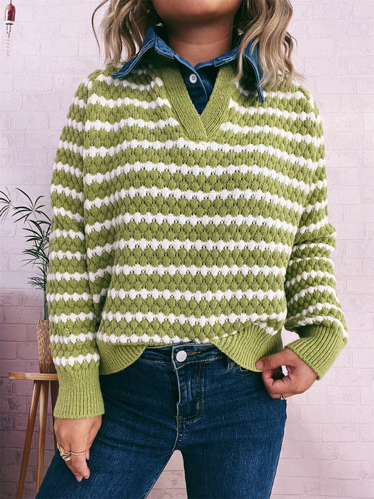 Damen Strickpullover mit tiefem V-Ausschnitt und markantem Streifenmuster EB