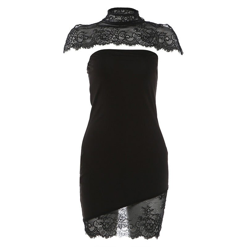 Damen Spitzen Minikleid mit elegantem Stehkragen und gerafften Details EB