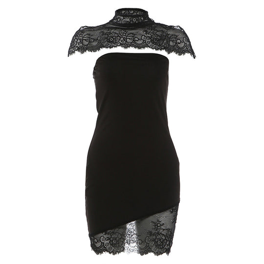 Damen Spitzen Minikleid mit elegantem Stehkragen und gerafften Details EB