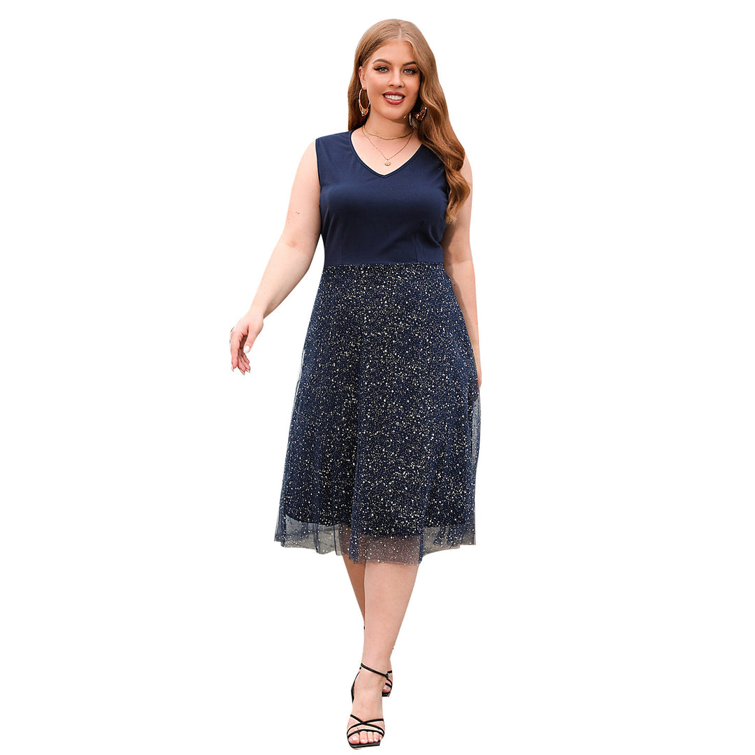 Damen Elegantes Skaterkleid mit modischem V-Ausschnitt und glitzerndem Tüll EB