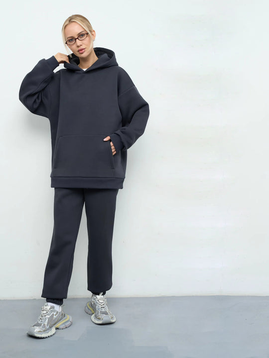 Damen lässiges Kapuzen-Sweatset aus schwerer Baumwollfleece mit Kängurutasche und gerader Jogginghose EB