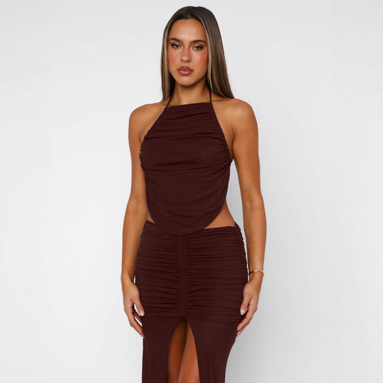 Damen Elegantes Maxikleid mit asymmetrischem Halterhals und ausgefallenem Schlitz EB