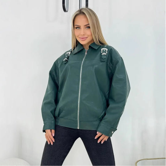 Damen modische Kunstlederjacke im lässigen Stil mit dekorativen Details EB