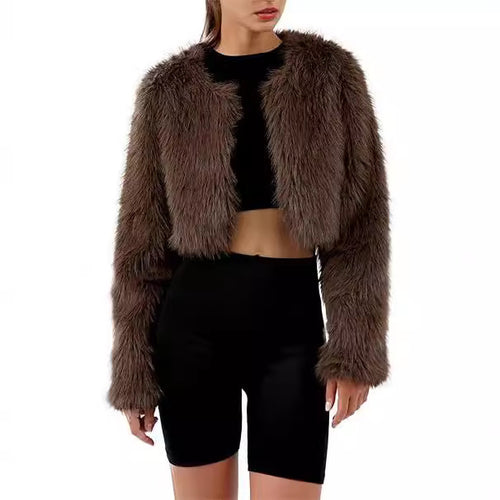 Damen Kurze glamouröse Kunstfelljacke mit lockeren Ärmeln EB