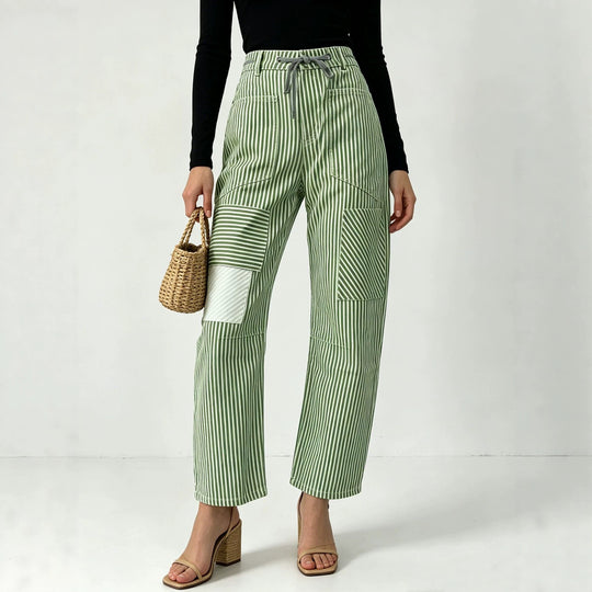 Damen nan High‑Waist Relaxed‑Hose mit vertikalem Streifenmuster, aufgesetzten Knie‑Patches und Kordelzug EB