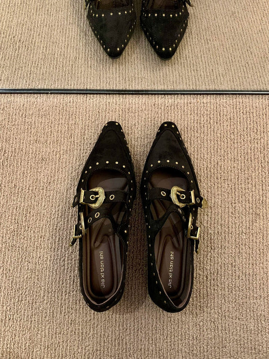Damen Elegante und stilvolle Ballerinas mit modischen Schnallen und Nieten EB