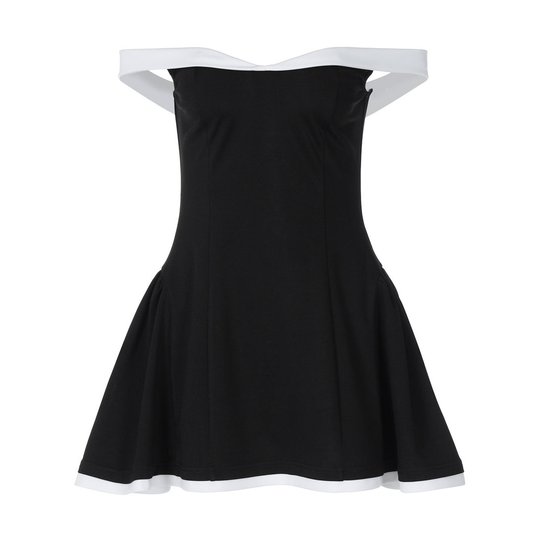 Damen Off-Shoulder Mini-Kleid mit voluminösem Rock und kontrastierenden Säumen EB