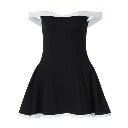 Damen Off-Shoulder Mini-Kleid mit voluminösem Rock und kontrastierenden Säumen EB