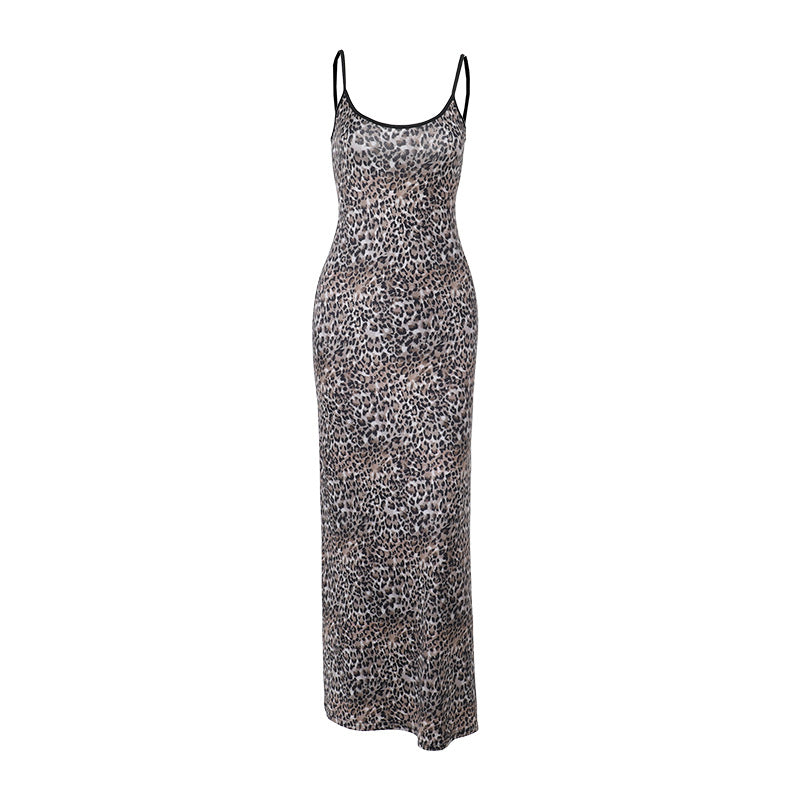 Damen elegantes Maxikleid mit tierischem Muster und schmalen Trägern EB
