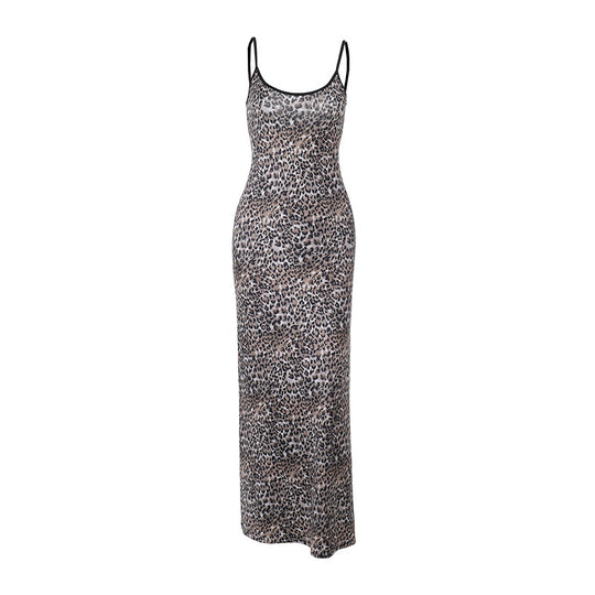 Damen elegantes Maxikleid mit tierischem Muster und schmalen Trägern EB