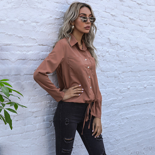 Damen Elegante Bluse mit Krawattenverschluss und Brusttaschen EB