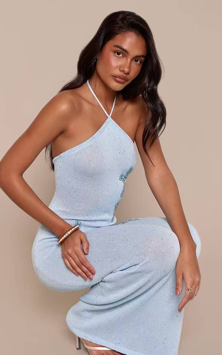 Damen elegantes Maxikleid mit schimmerndem Strickmuster EB