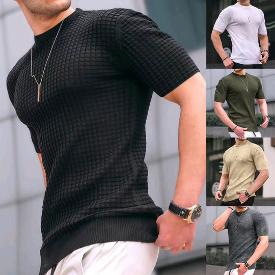 Herren nan Waffelstruktur-Kurzarm-Strickshirt mit schmaler Passform und elastischem Rippsaum EB