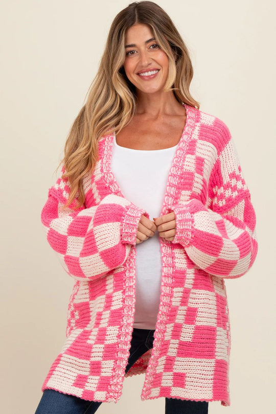 Damen lässiger Strickcardigan mit Karomuster und oversized Schnitt EB