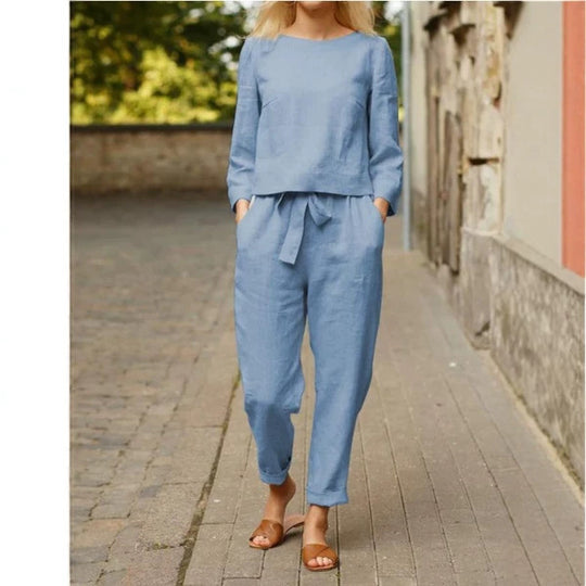 Damen Lässiges Leinen-Loungewear-Set mit Rundhalsausschnitt, Bindegürtel und knöchellanger Hose EB