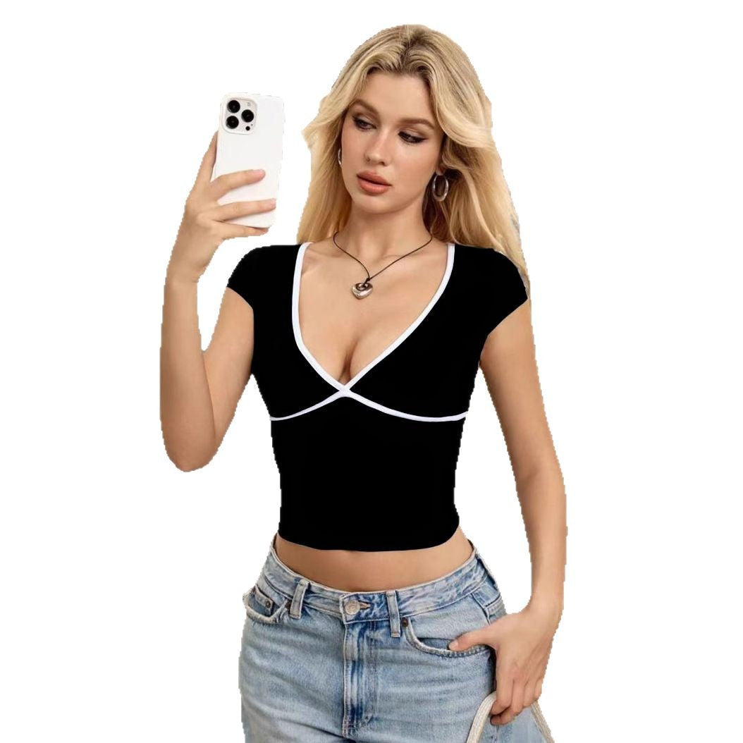 Damen Crop-Top mit V-Ausschnitt und Kontrastbesatz EB