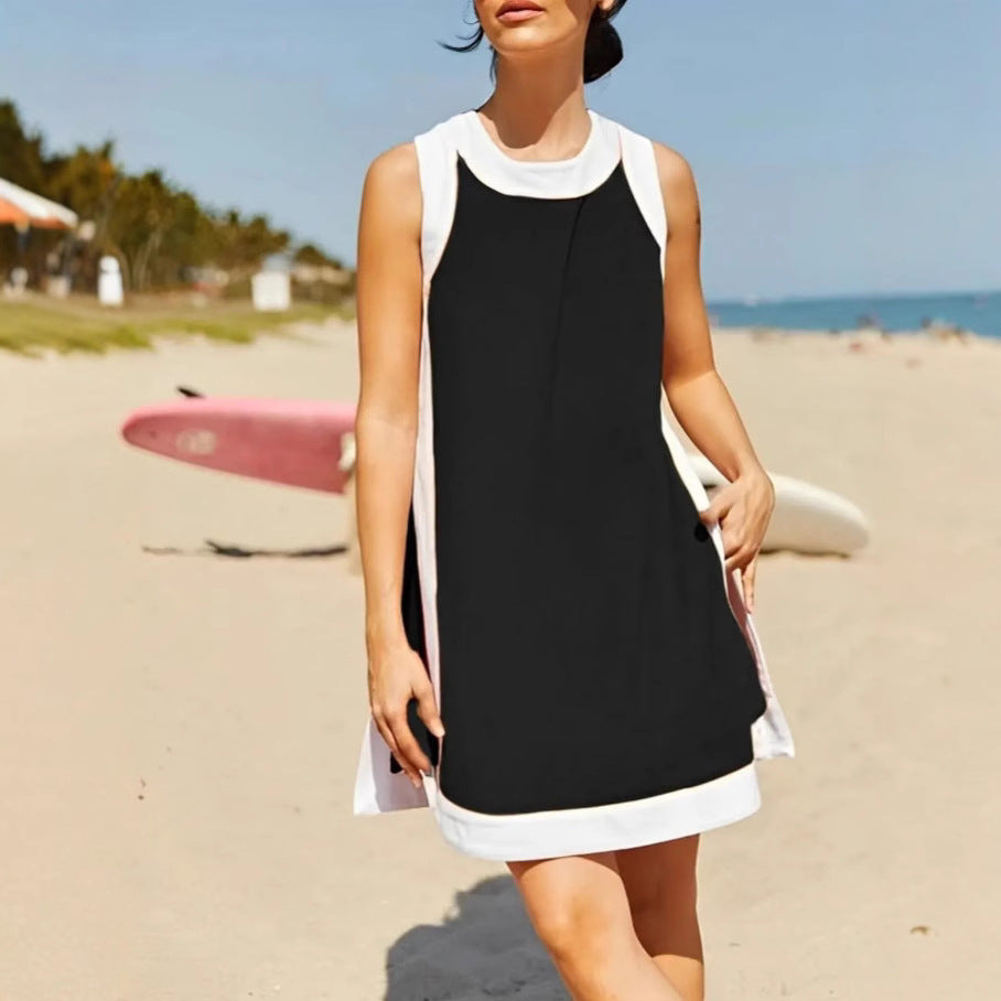 Damen lässiges Strandkleid mit kontrastierenden Abschlüssen und moderner Silhouette EB