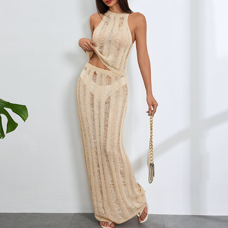 Damen Maxikleid mit transparenter Häkelstruktur und modischen Cut-Outs EB