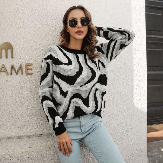 Damen lässiger Pullover mit einzigartigem Wellenmuster EB
