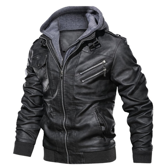 Herren Kunstleder-Bomberjacke mit Kapuze Fleece-Innenfutter und Multifachtaschen EB