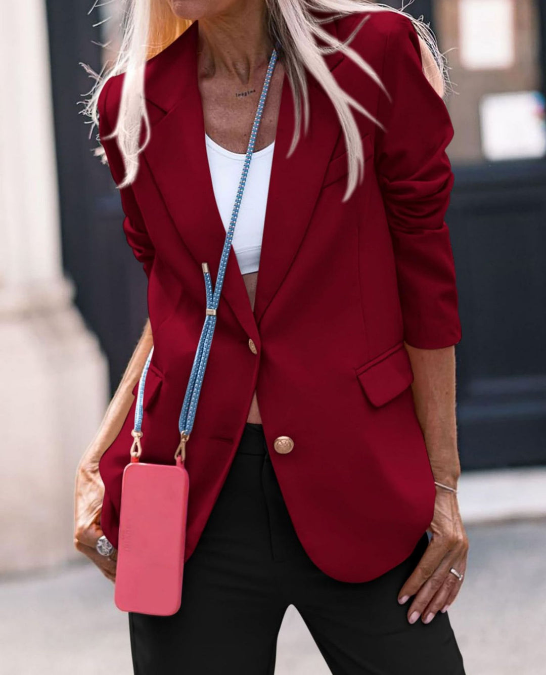 Damen Eleganter Einreiher Blazer mit goldenen Knöpfen und tailliertem Schnitt EB