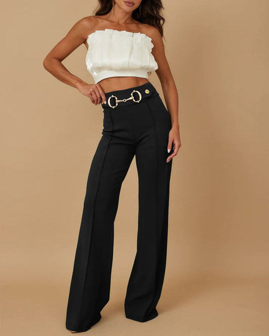 Damen weite Hochtaillenhose mit dekorativem Gürtel und eleganter Nahtführung EB