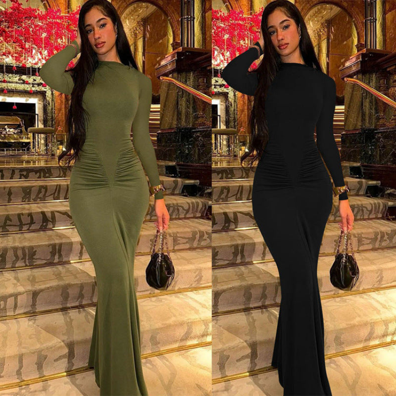 Damen Elegantes Langarm-Maxi-Kleid mit figurformendem Design EB